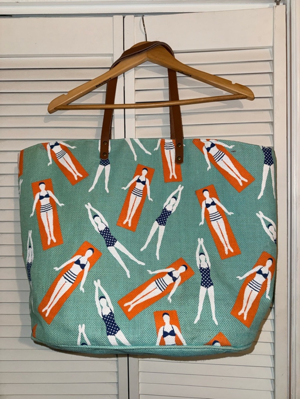 Mud Pie Canvas Tote Beach Bag with Retro Swimmer Beach Beauties Print